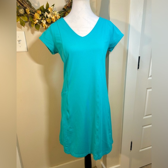 Toad & Co Tech Tomboy Crew Neck Cap Sleeves Performance Dress in Turquoise Sz S - Picture 10 of 10